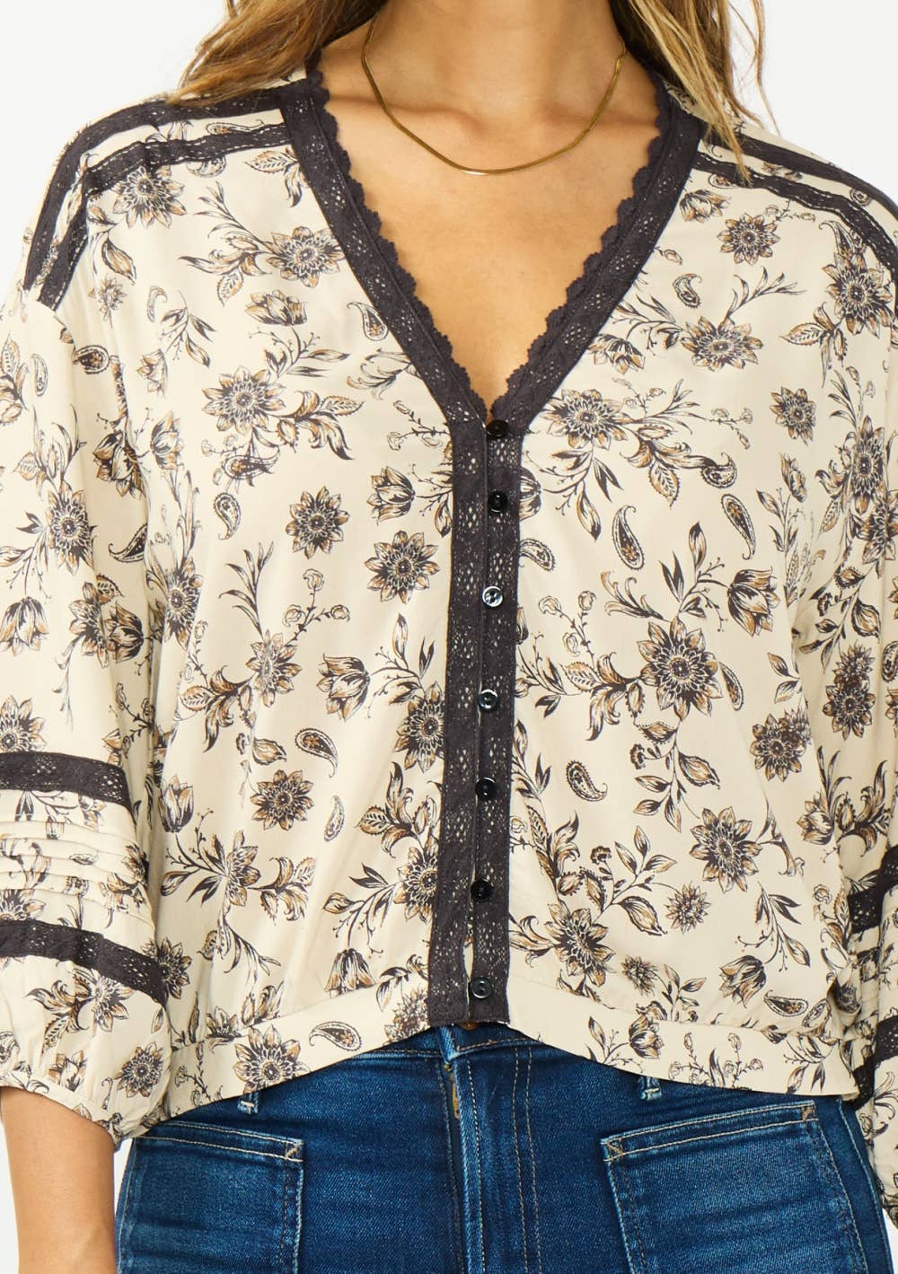 Lace-Trim 3/4 Sleeve Button-Front Top