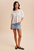 COTTON EMBROIDERED FLUTTER SLEEVE TOP