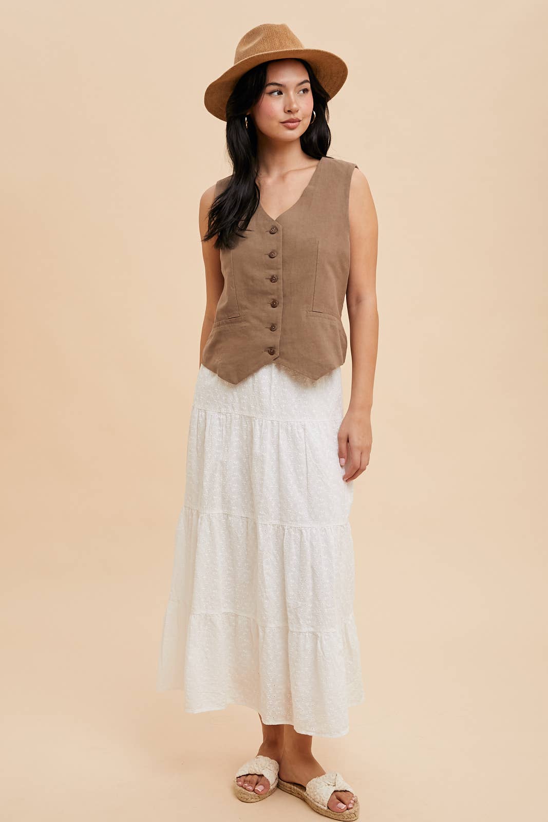 Cotton Linen Blend Vest - Mocha