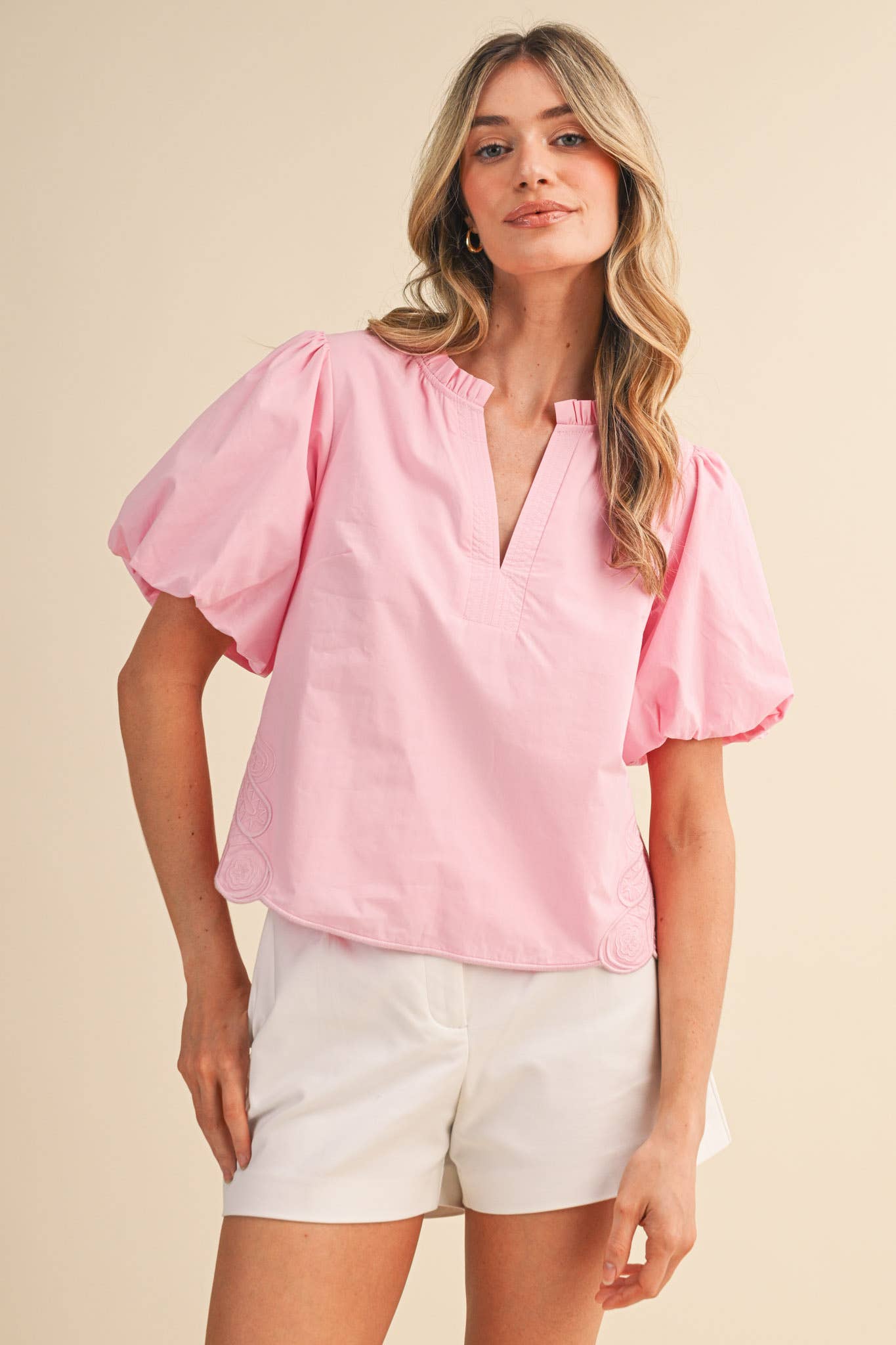 Bubble Sleeve Top With Side Embroidery