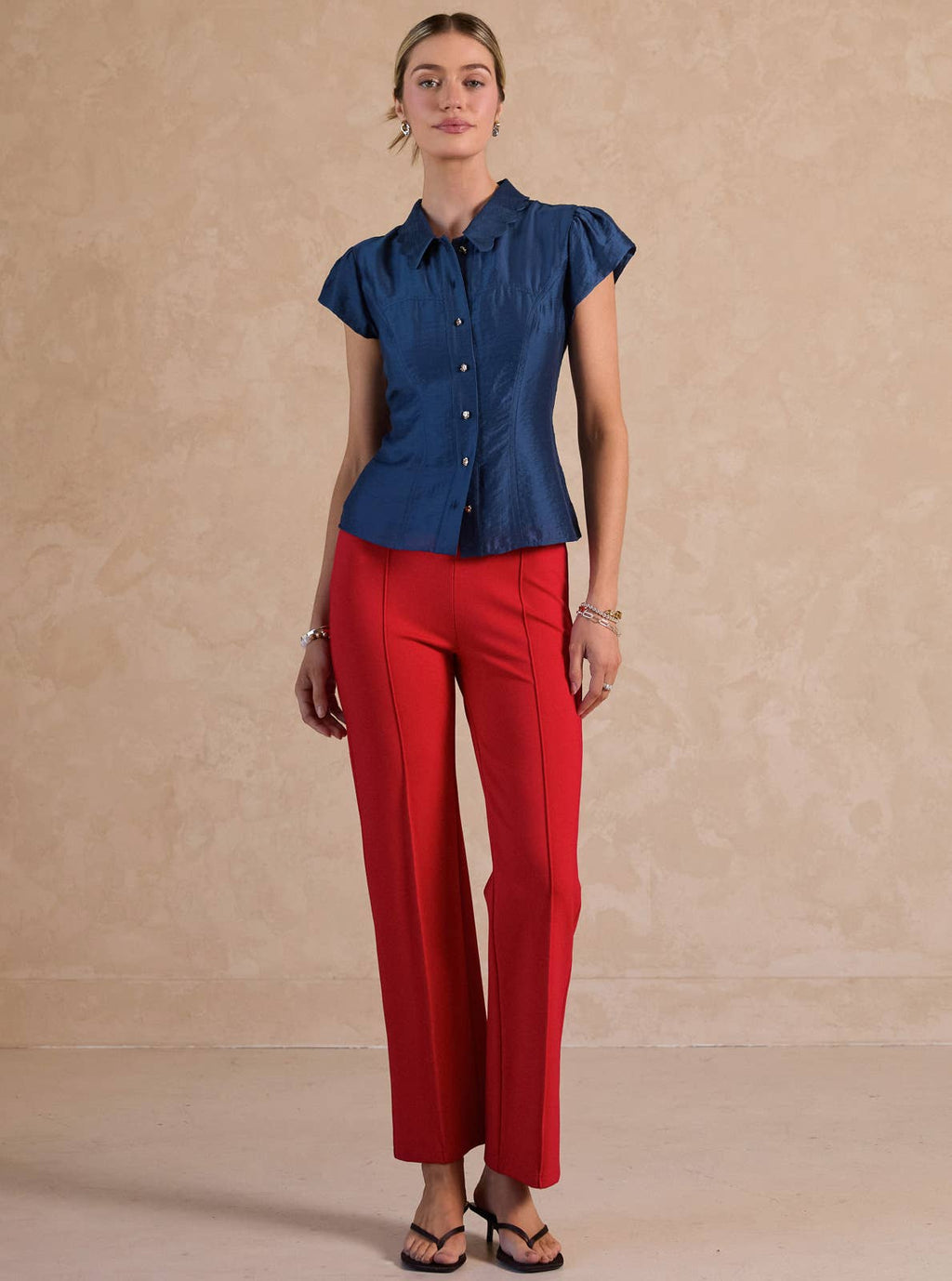 Button Down Slim Fit Short Sleeve Blouse
