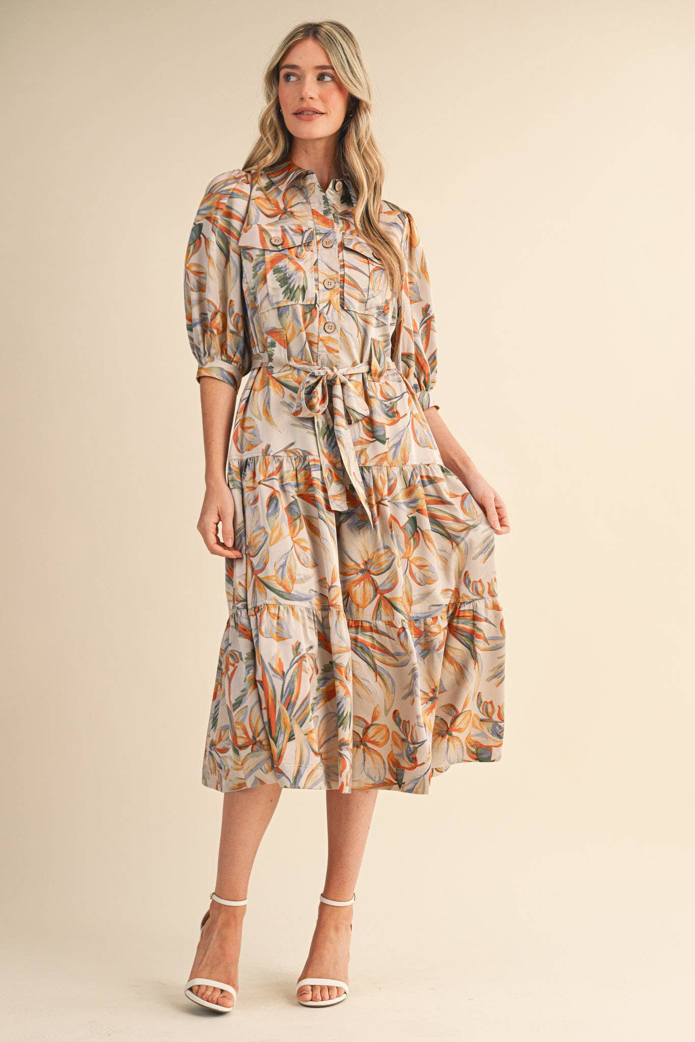 Button Down Tiered Midi Dress