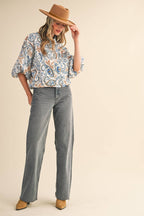 Paisley Print Button Down Bubble Sleeve Top