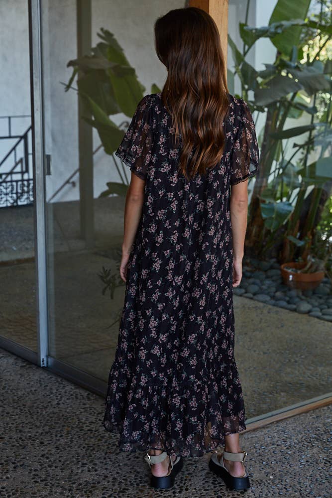 Woven Polyester Floral Print Midi Dress