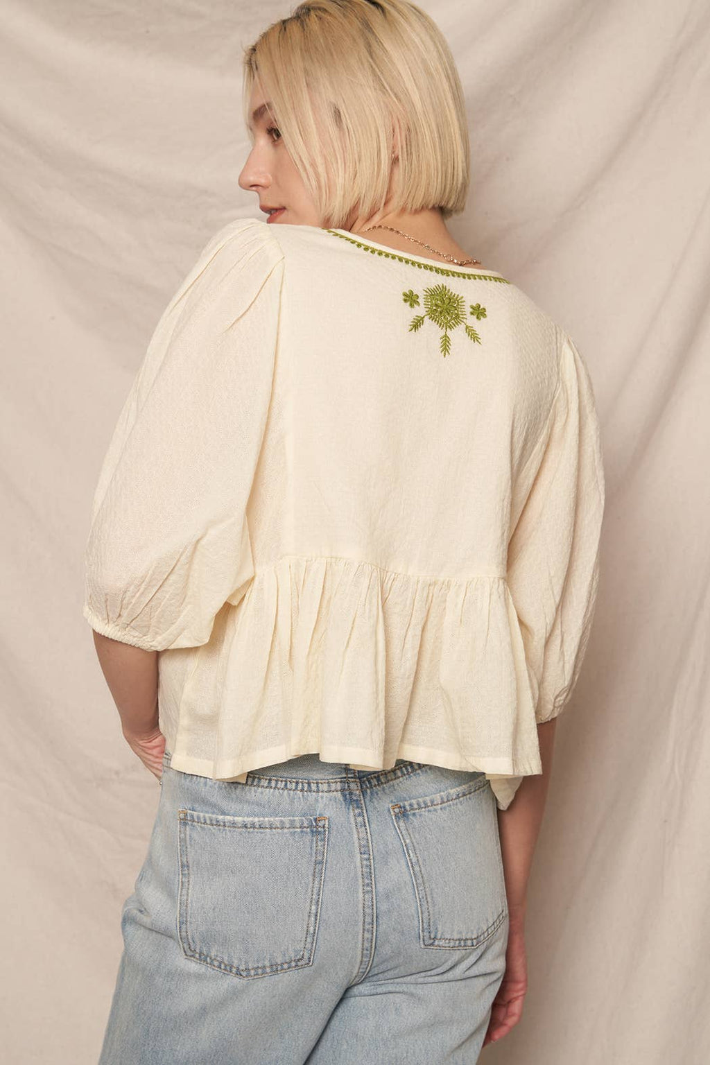 Puff Sleeve Peplum Top with Embroidery Detail
