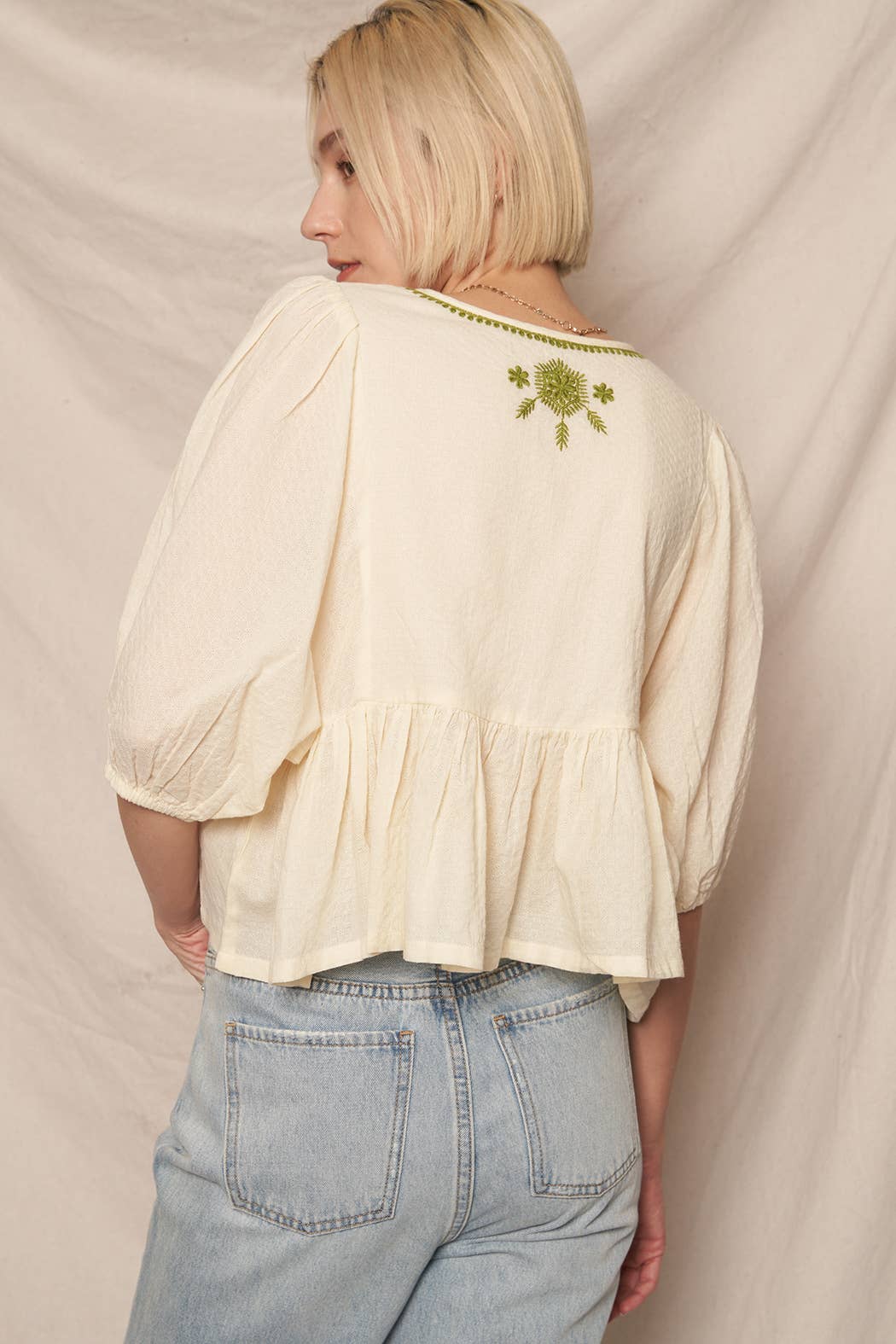 Puff Sleeve Peplum Top with Embroidery Detail