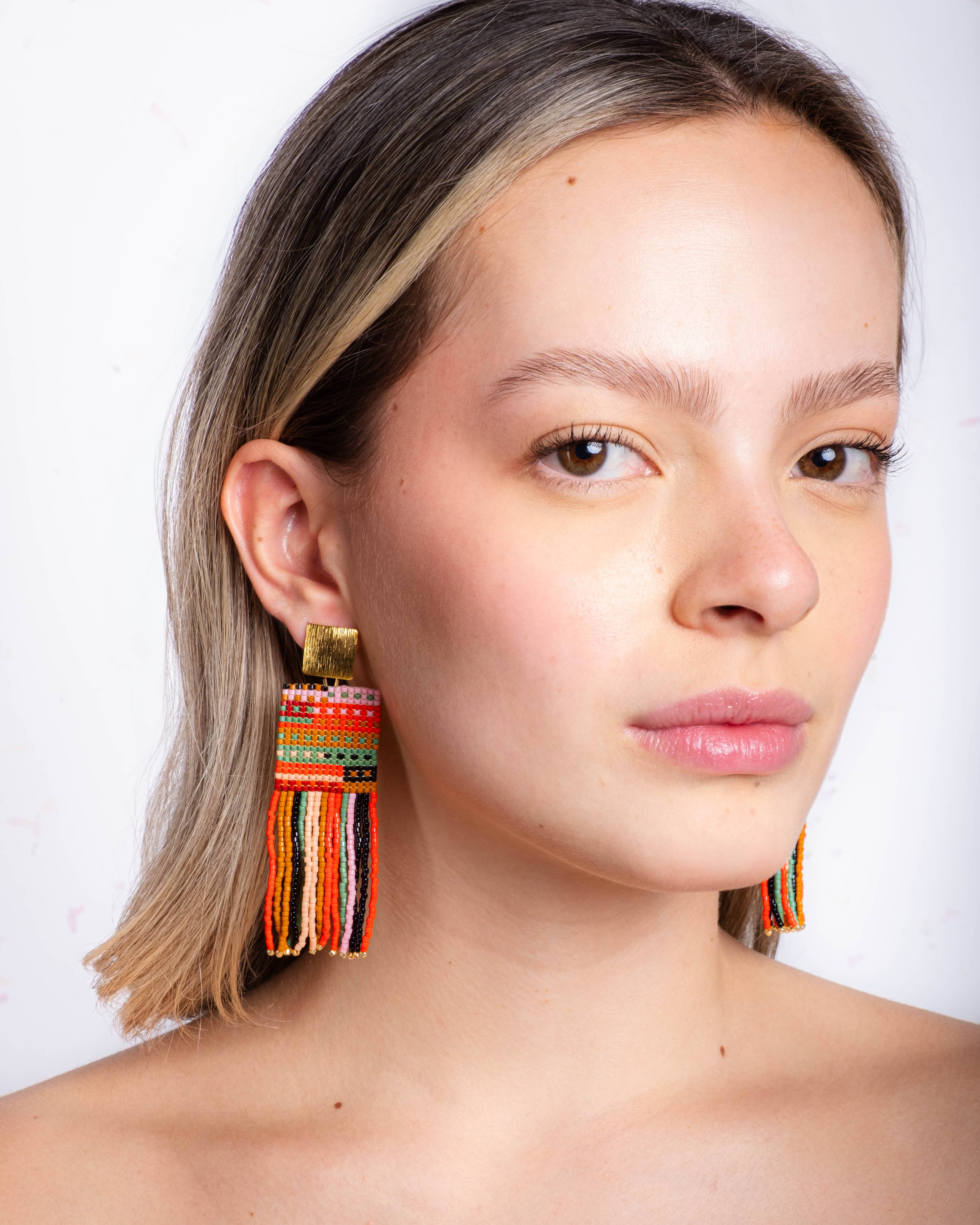 Beaded Handwoven Striped Knit Fringe Earrings (Ocean Sunset)