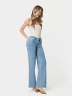 High Rise Medium Wash Seamed Panel Wide Leg Jeans