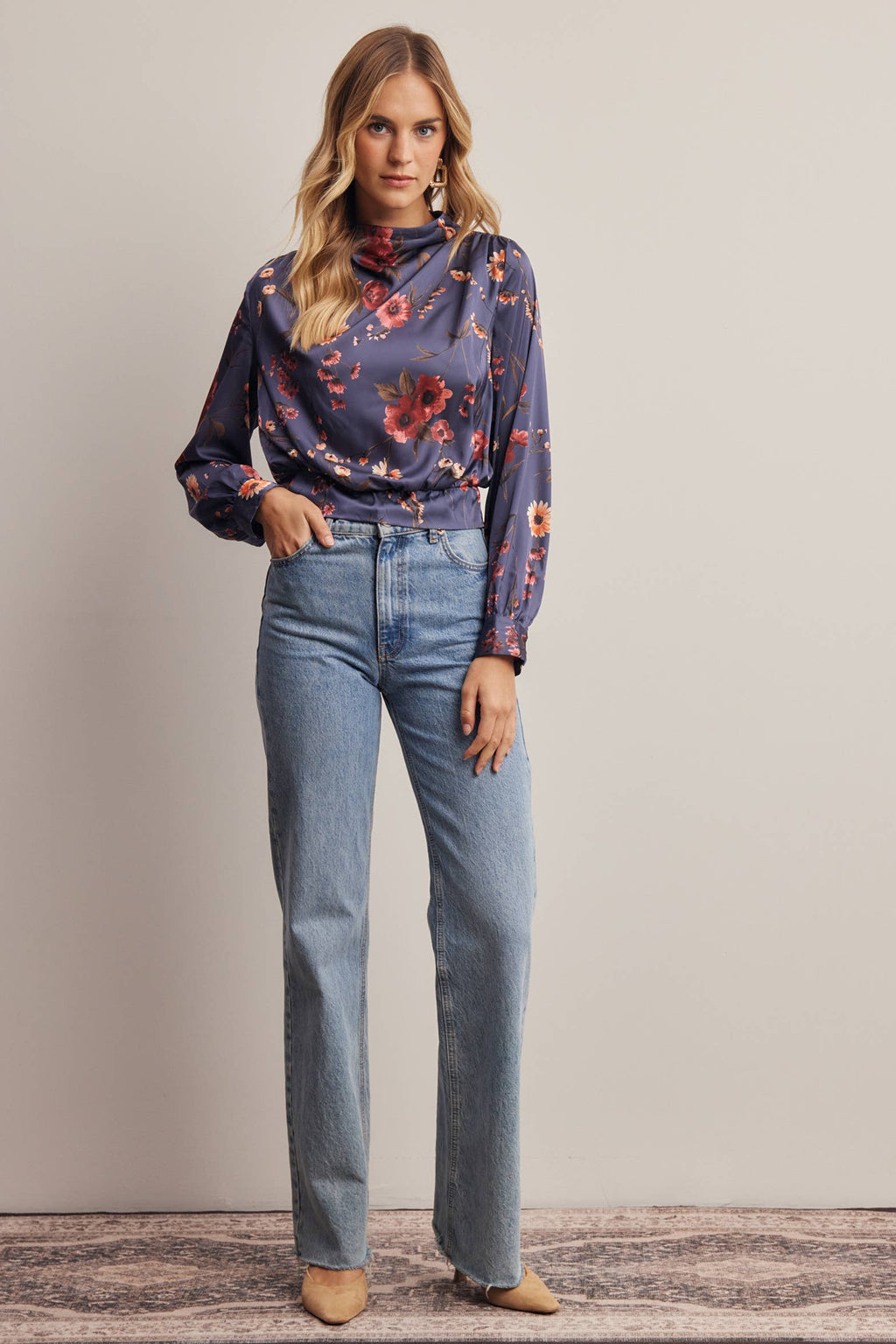 Floral Mock Neck Tie Back Blouse