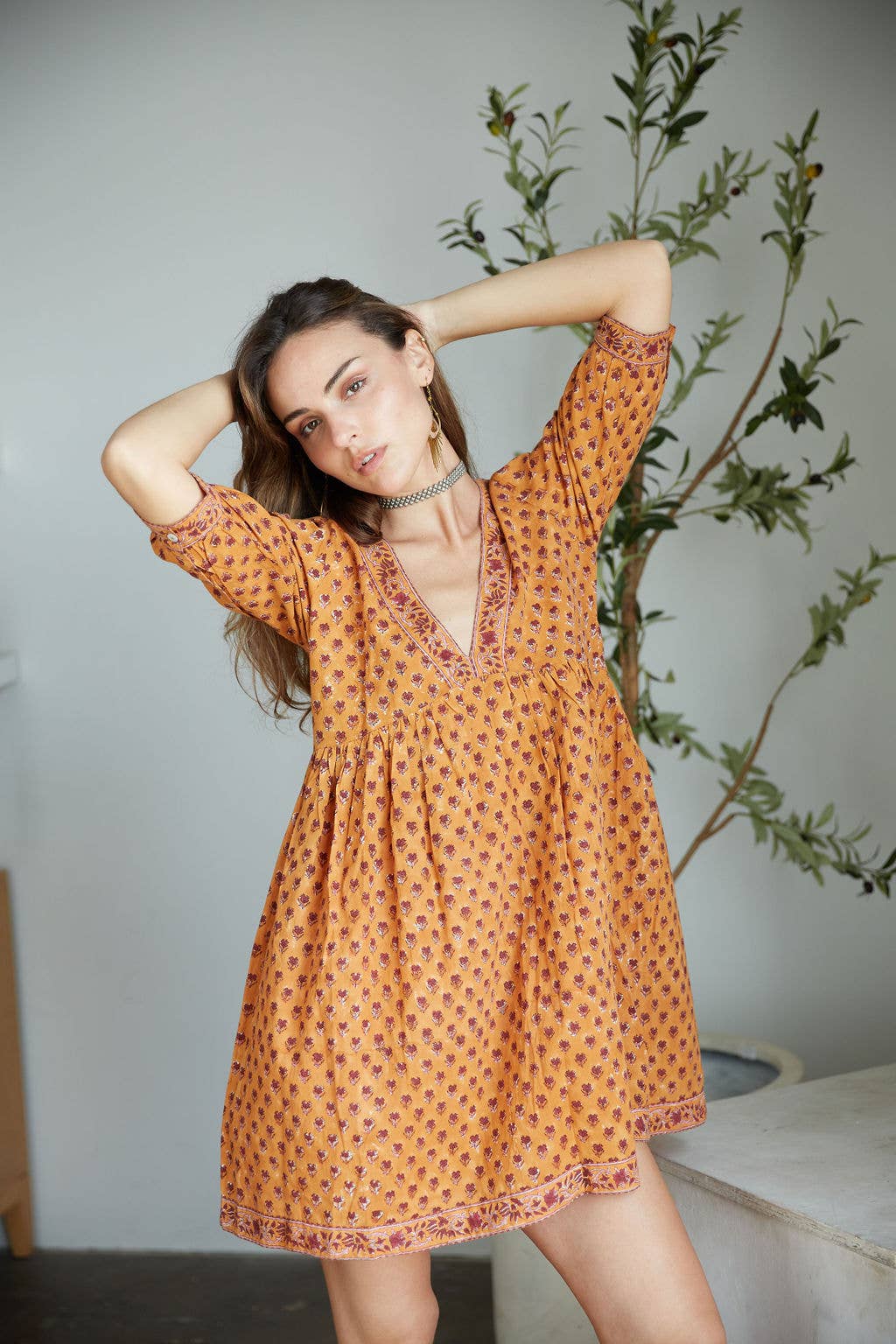 Block Printed Cotton Mini-Dress (Maile Dress- Cayenne)