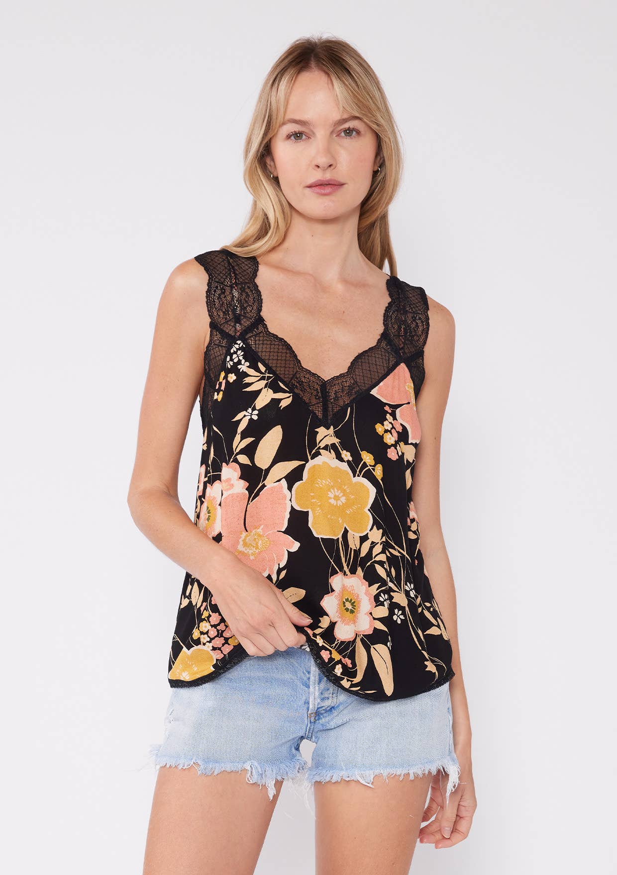 Floral Scallop Lace Trim V Neck Tank Top- Black
