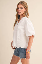 Bubble Sleeve Top With Side Embroidery