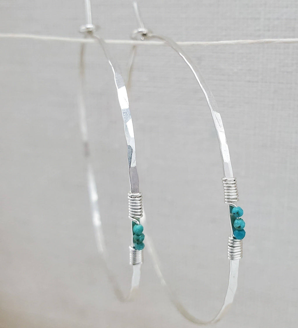 Turquoise Detail Hammered Silver Hoop Earrings