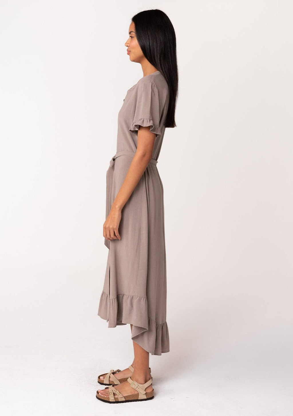 Linen Blend Button Front Ruffled Shirt Dress