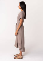 Linen Blend Button Front Ruffled Shirt Dress