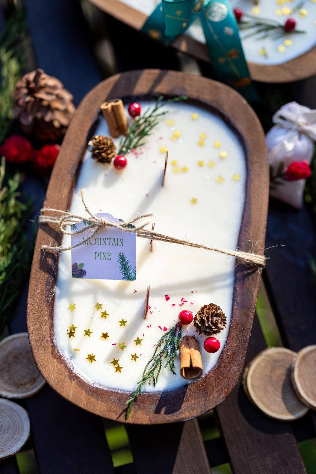 Christmas Wooden Dough Bowl Soy Candle