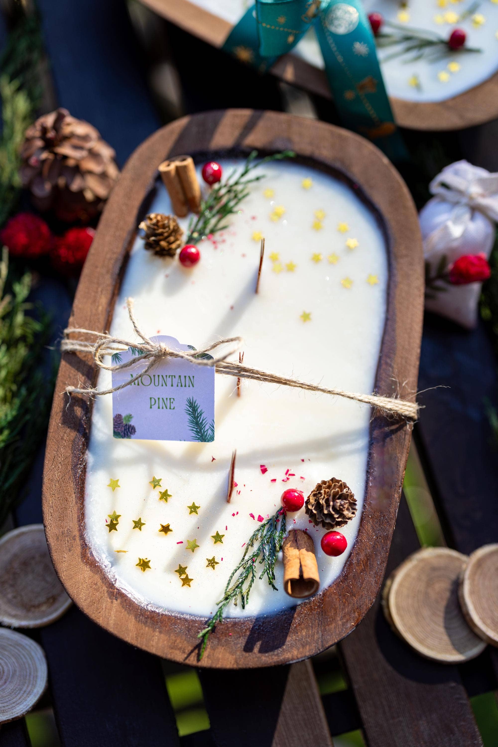 Christmas Wooden Dough Bowl Soy Candle