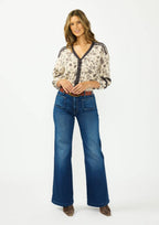 Lace-Trim 3/4 Sleeve Button-Front Top