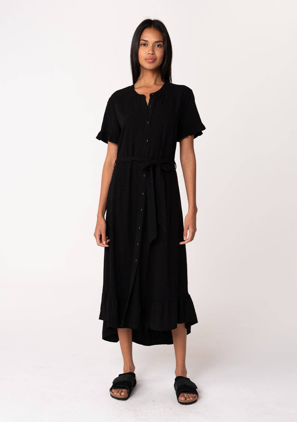 Linen Blend Button Front Ruffled Shirt Dress