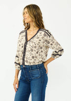 Lace-Trim 3/4 Sleeve Button-Front Top