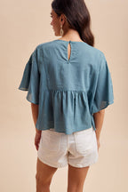 COTTON EMBROIDERED FLUTTER SLEEVE TOP