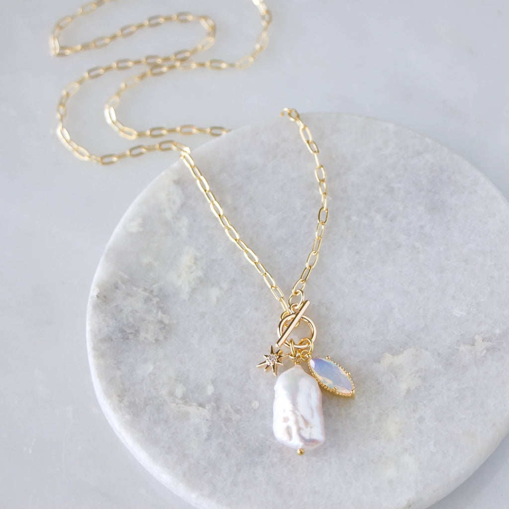 Opalite, Freshwater Pearl Charm Toggle Necklace