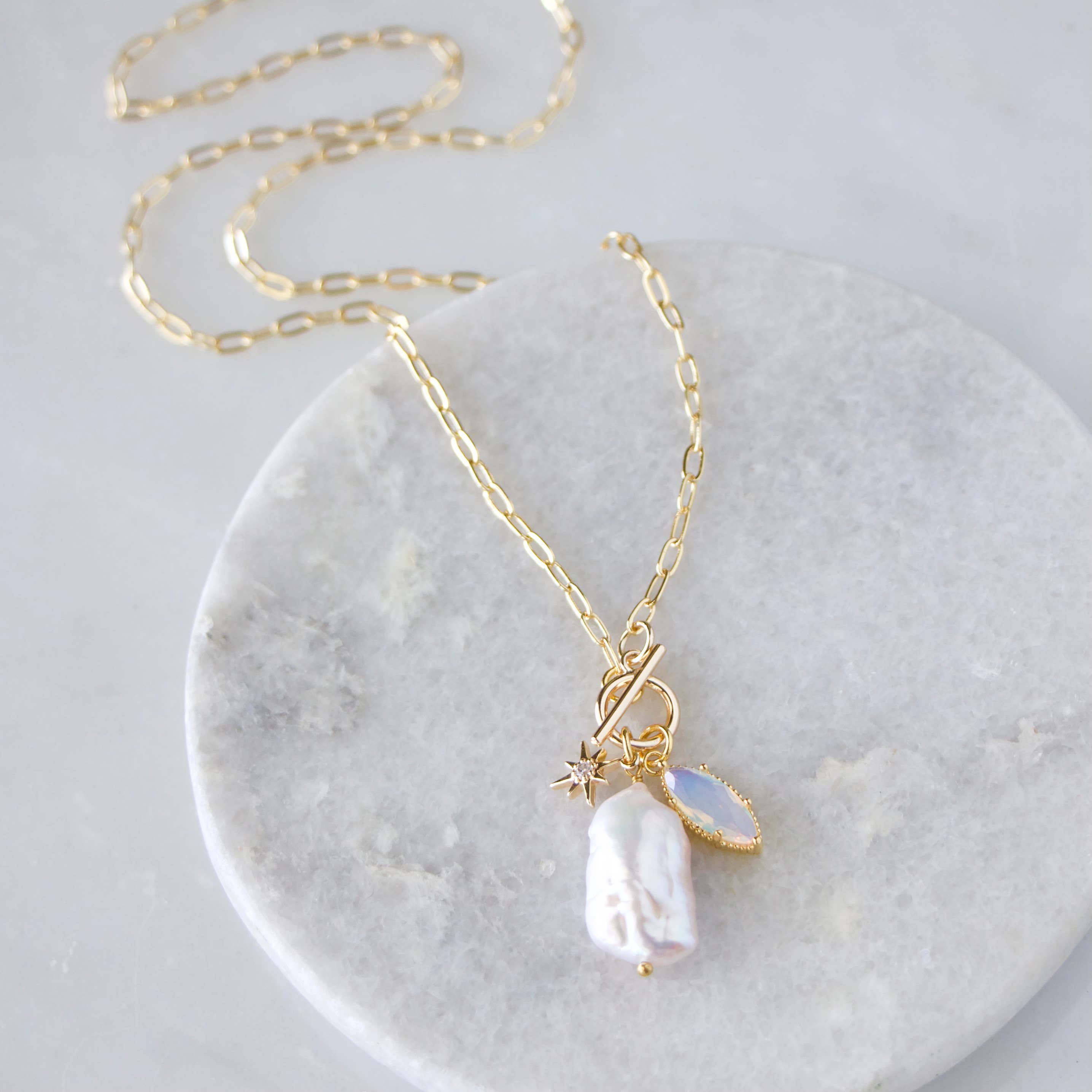 Opalite, Freshwater Pearl Charm Toggle Necklace