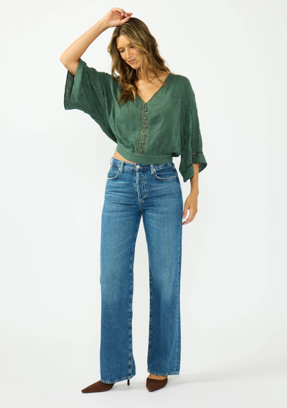 V-Neck Button-Down Blouson Top