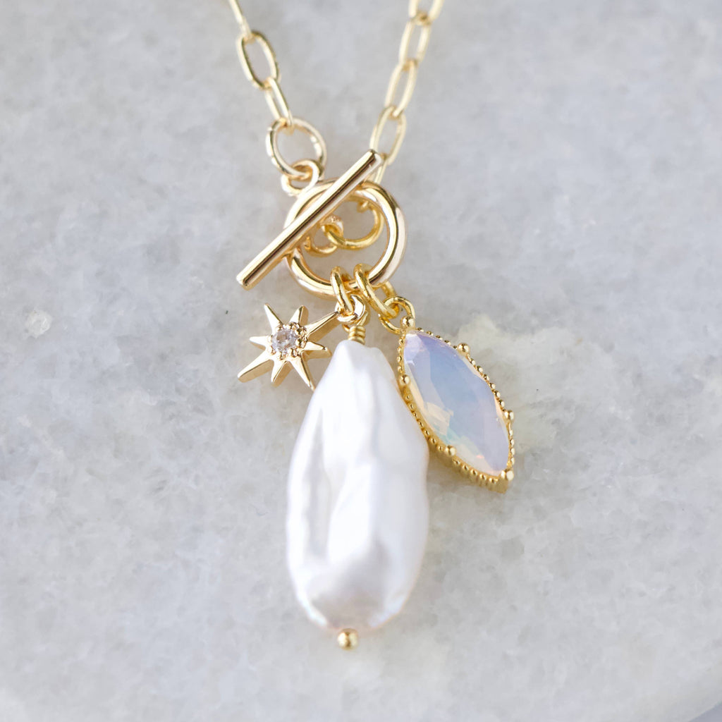 Opalite, Freshwater Pearl Charm Toggle Necklace