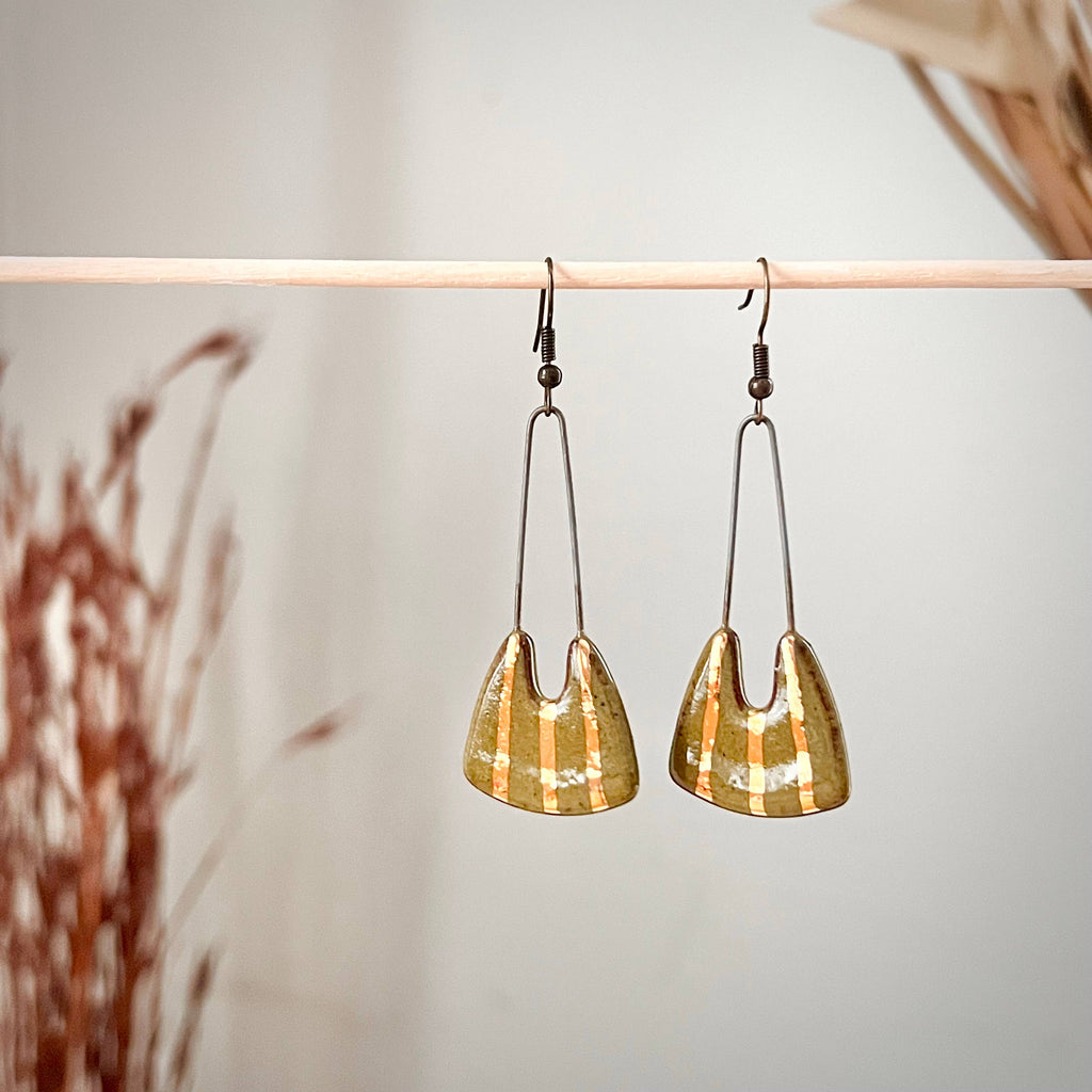 Speckled Olive Dropped and Gold Striped Clay Earrings