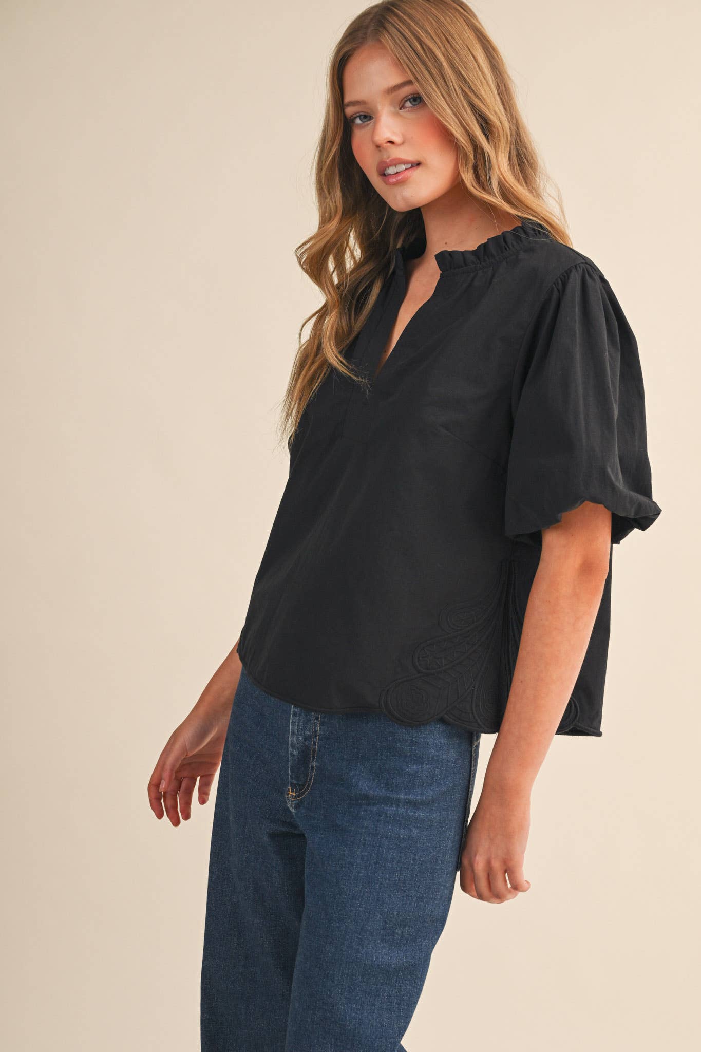 Bubble Sleeve Top With Side Embroidery
