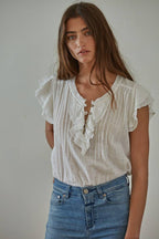 Woven Button V-Neck Short Sleeve Top