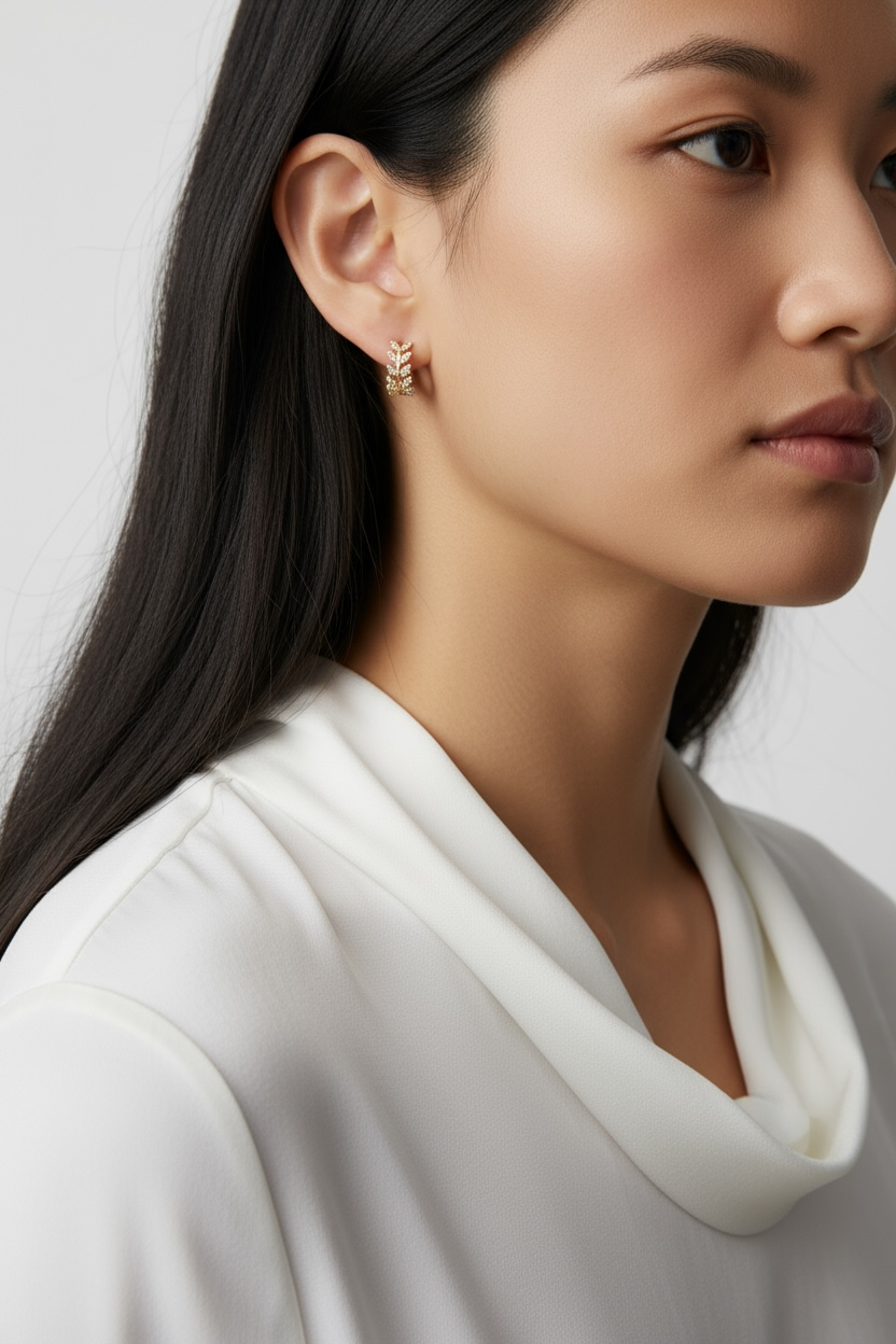 CZ Leaf Clicker Hoop Earrings