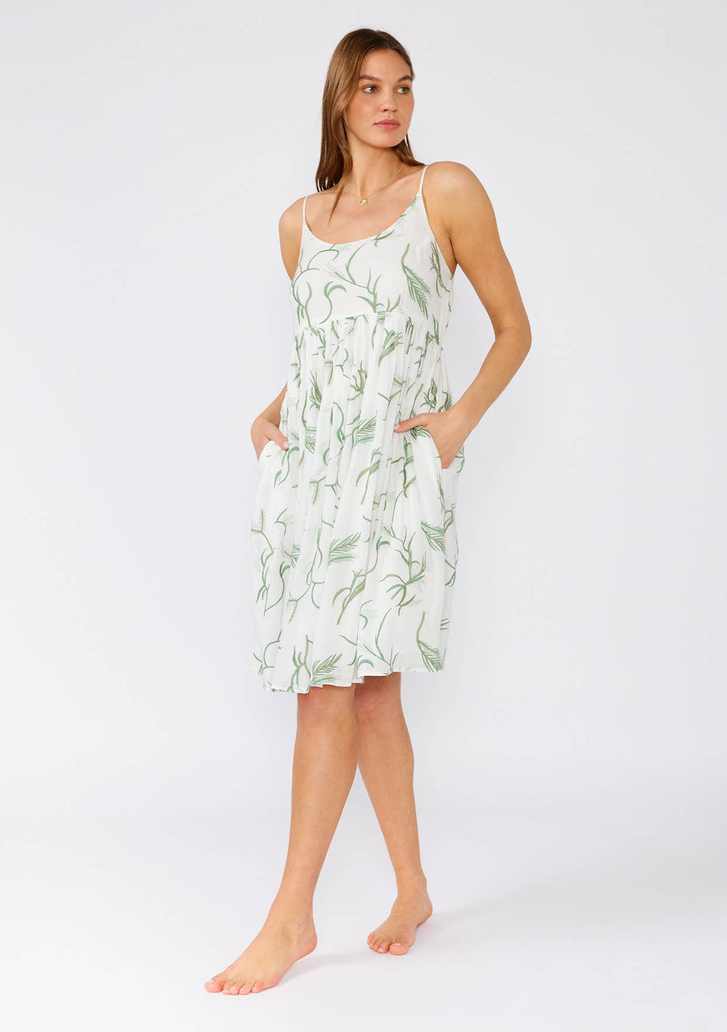 Palm Embroidered Spaghetti Strap White Empire Mini Dress