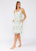 Palm Embroidered Spaghetti Strap White Empire Mini Dress