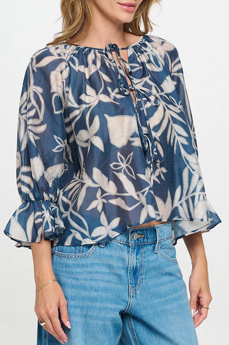 Print Round neck Top with Front Tie Detail
