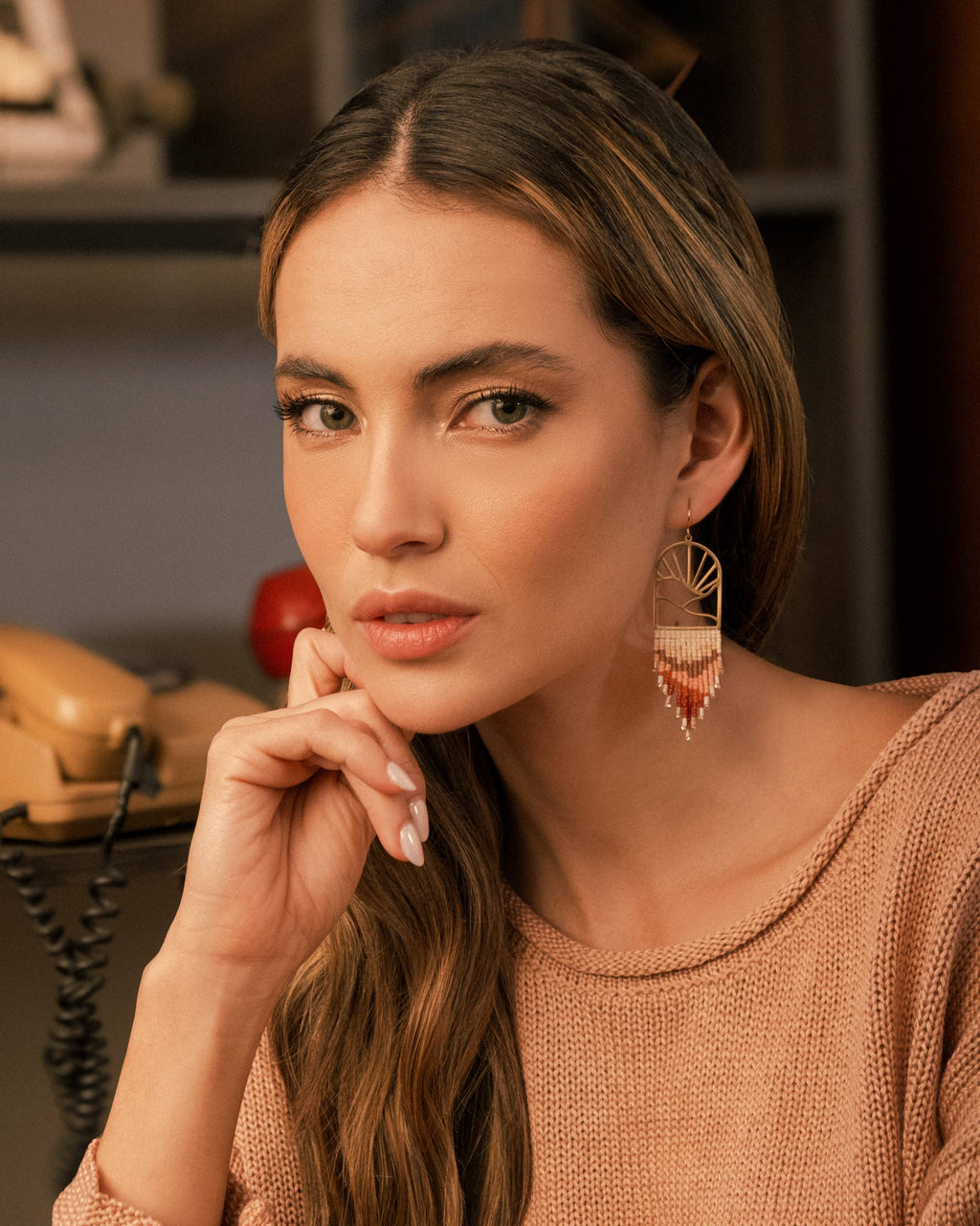 Beaded Handwoven Sedona Sunset Fringe Earrings (Beige/Brown)