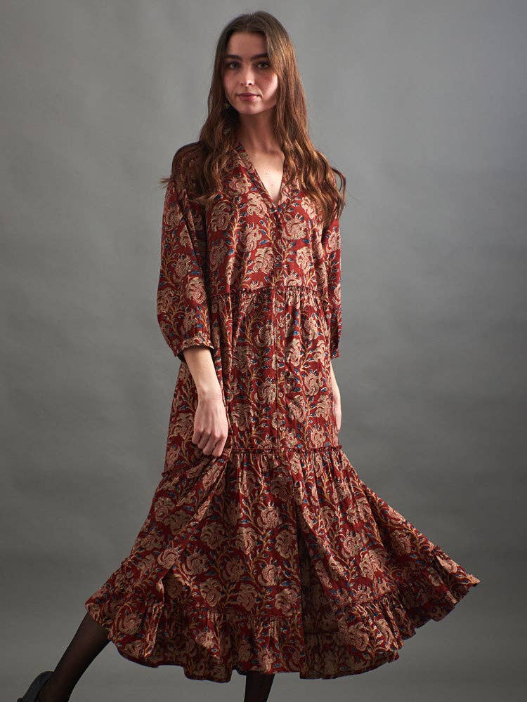 Britta Long Sleeve Tiered Dress Red Floral