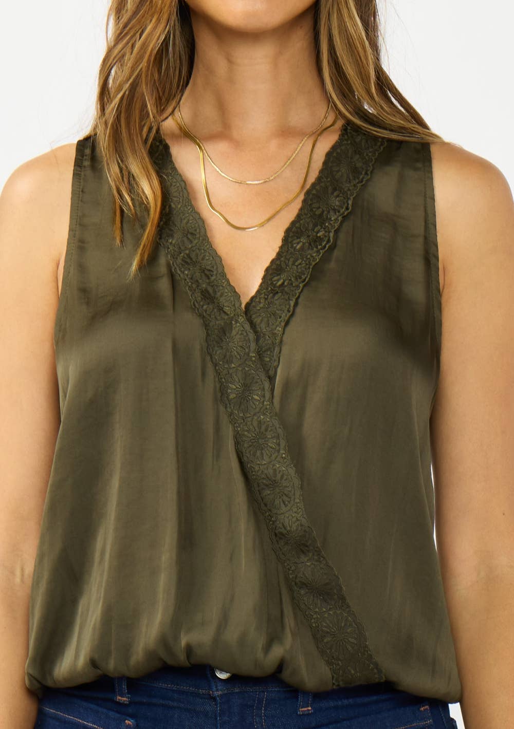 Sleeveless Embroidered Surplice Top with Elastic Hem