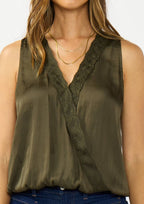Sleeveless Embroidered Surplice Top with Elastic Hem
