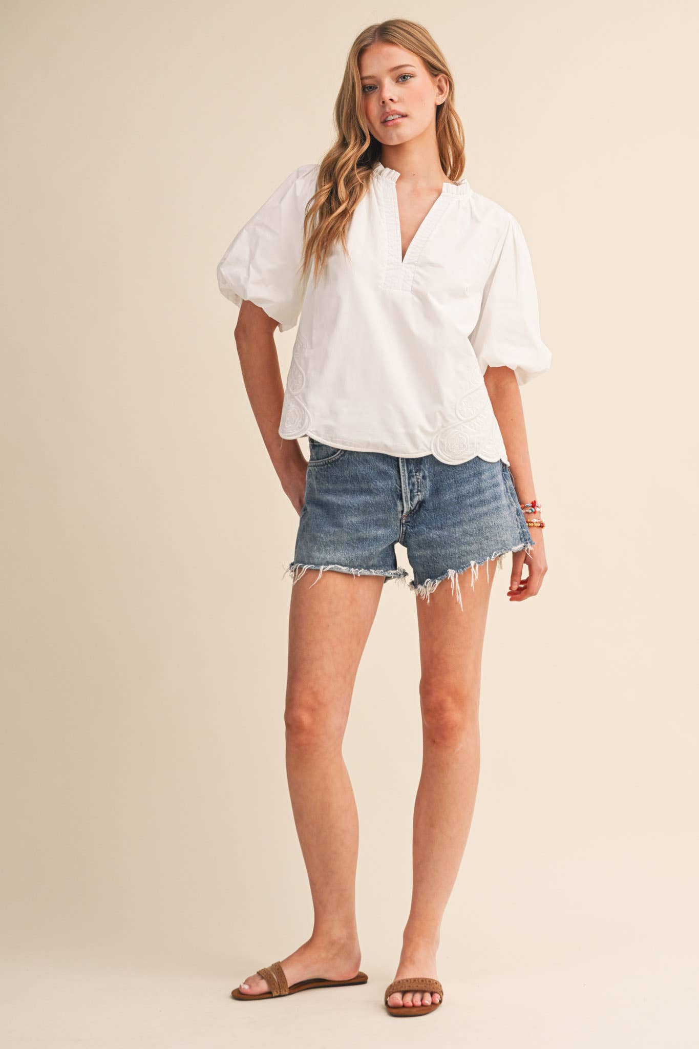 Bubble Sleeve Top With Side Embroidery