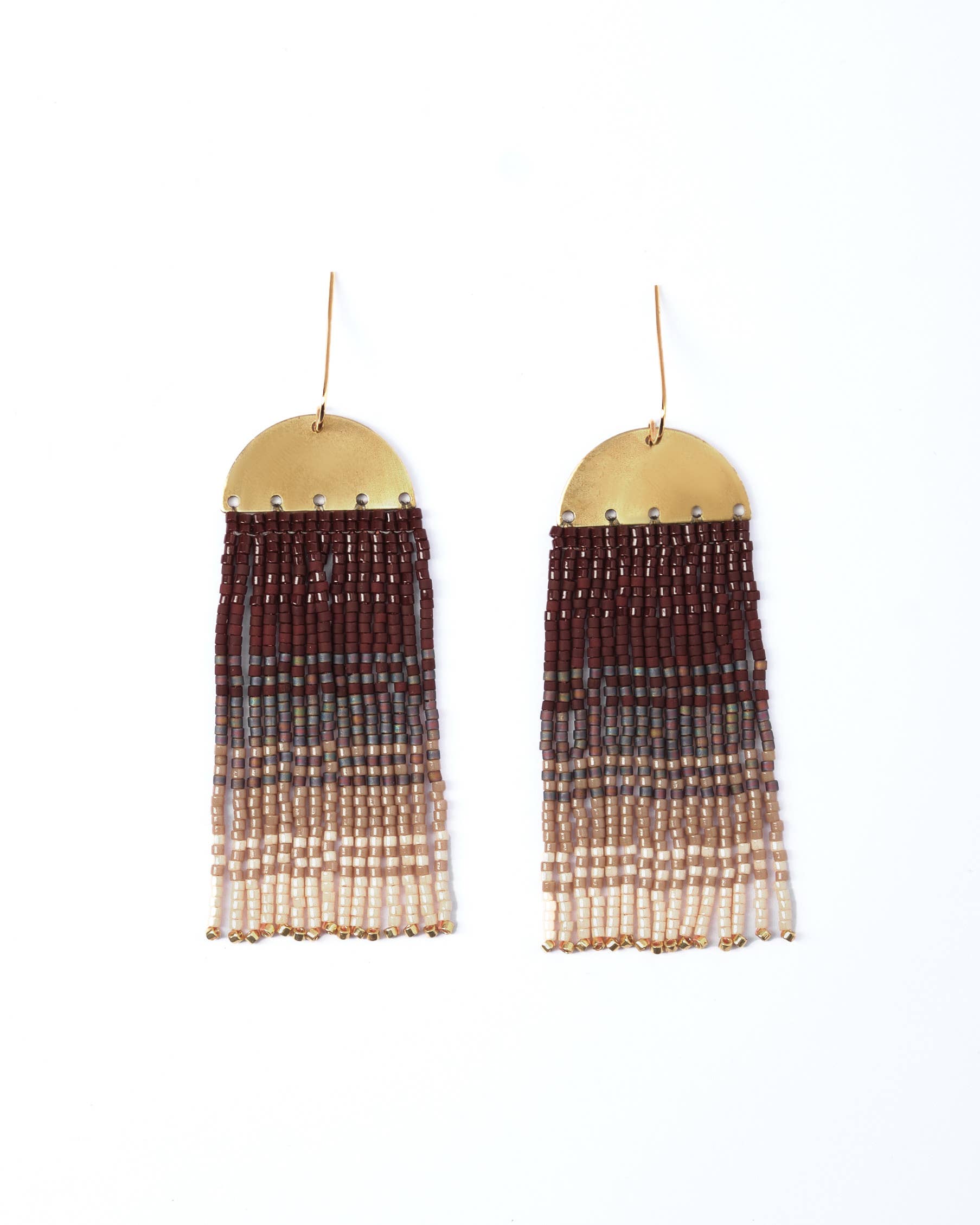 Beaded Handwoven Ombre Fringe Earrings (Brown)