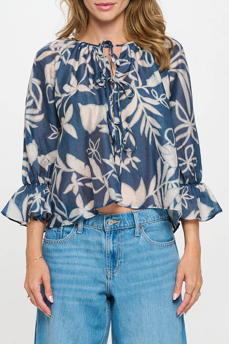 Print Round neck Top with Front Tie Detail
