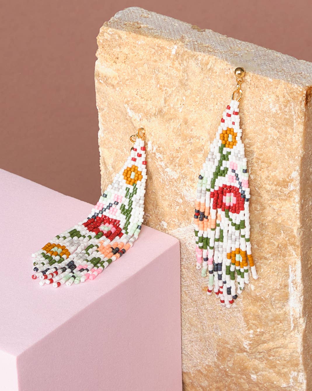 Beaded Handwoven Wildflower Fringe Earrings (White)