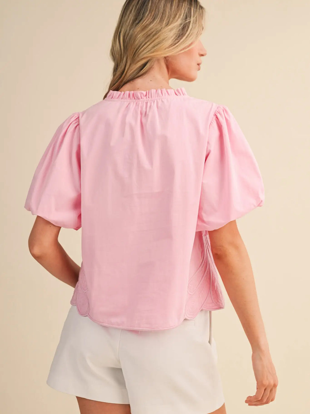 Bubble Sleeve Top With Side Embroidery