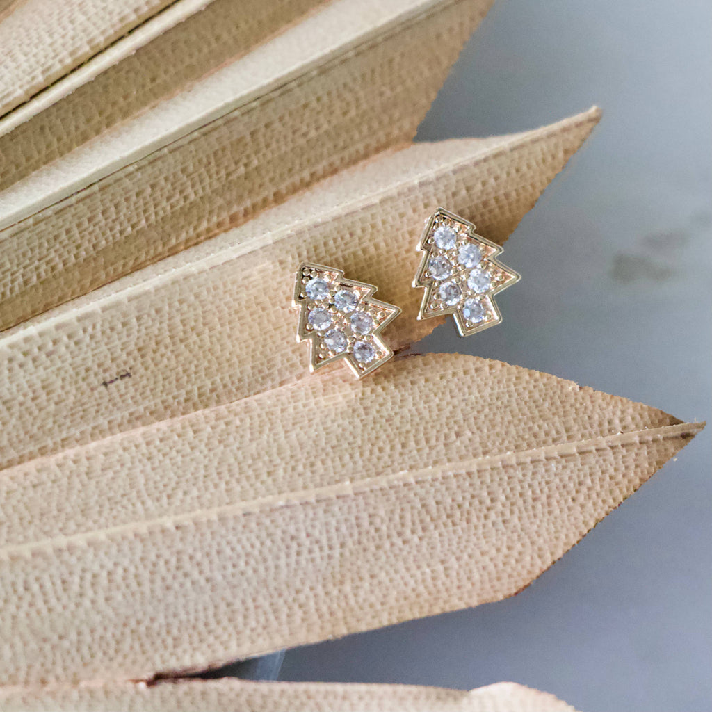 CZ Pine Tree Stud Earrings 