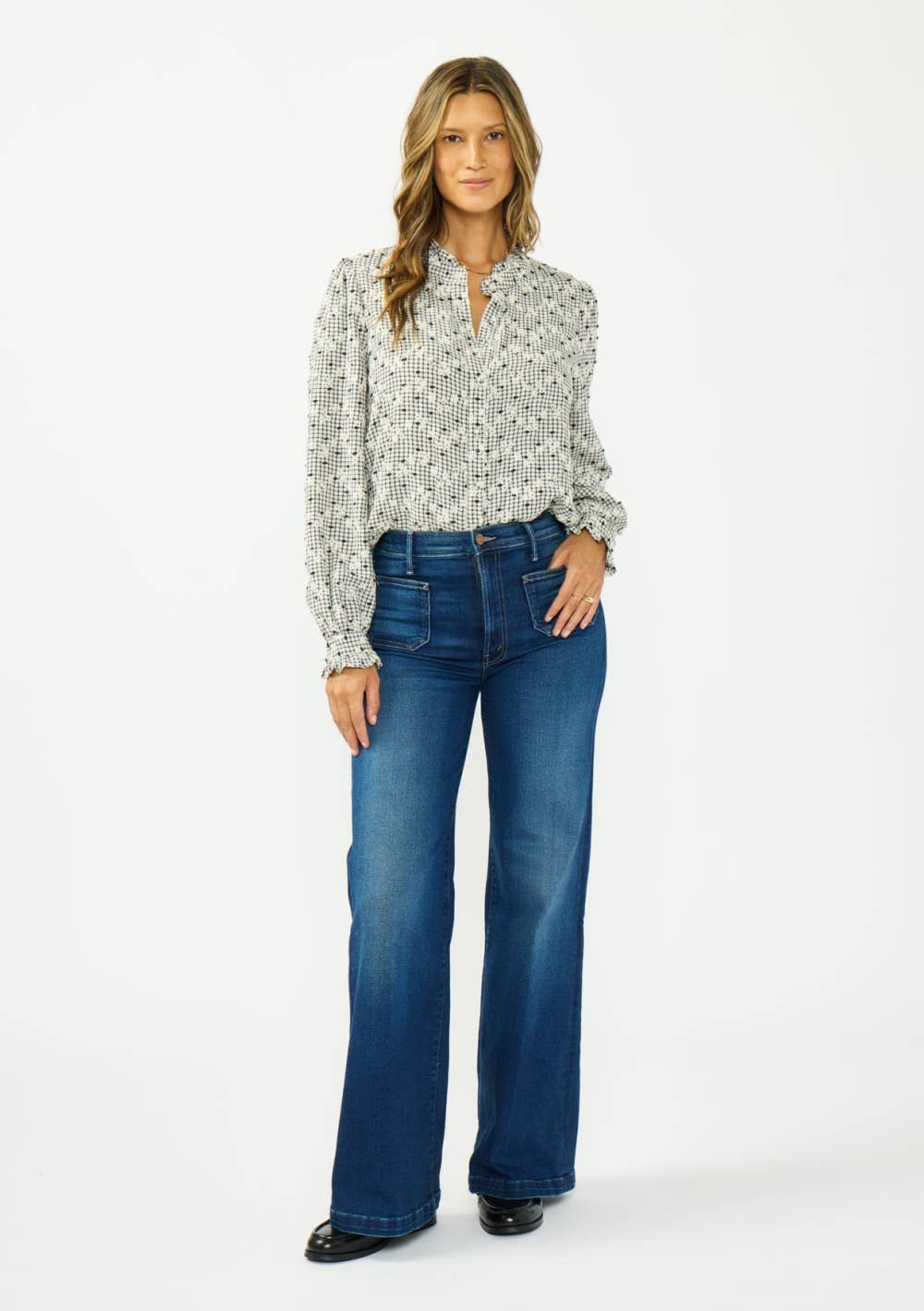 Floral Embroidered Check Ruffle Blouse