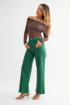 Striped Patch Pocket Wide Leg- Green