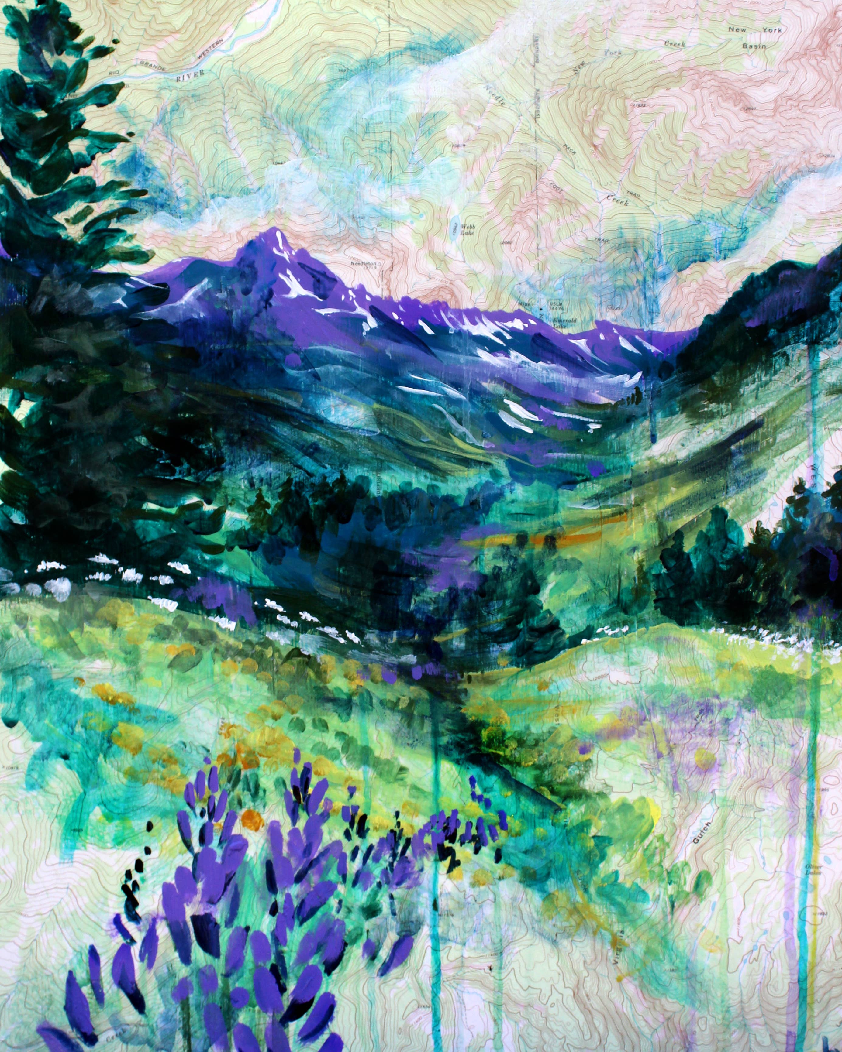 Lupine and Mountains Map Art Print