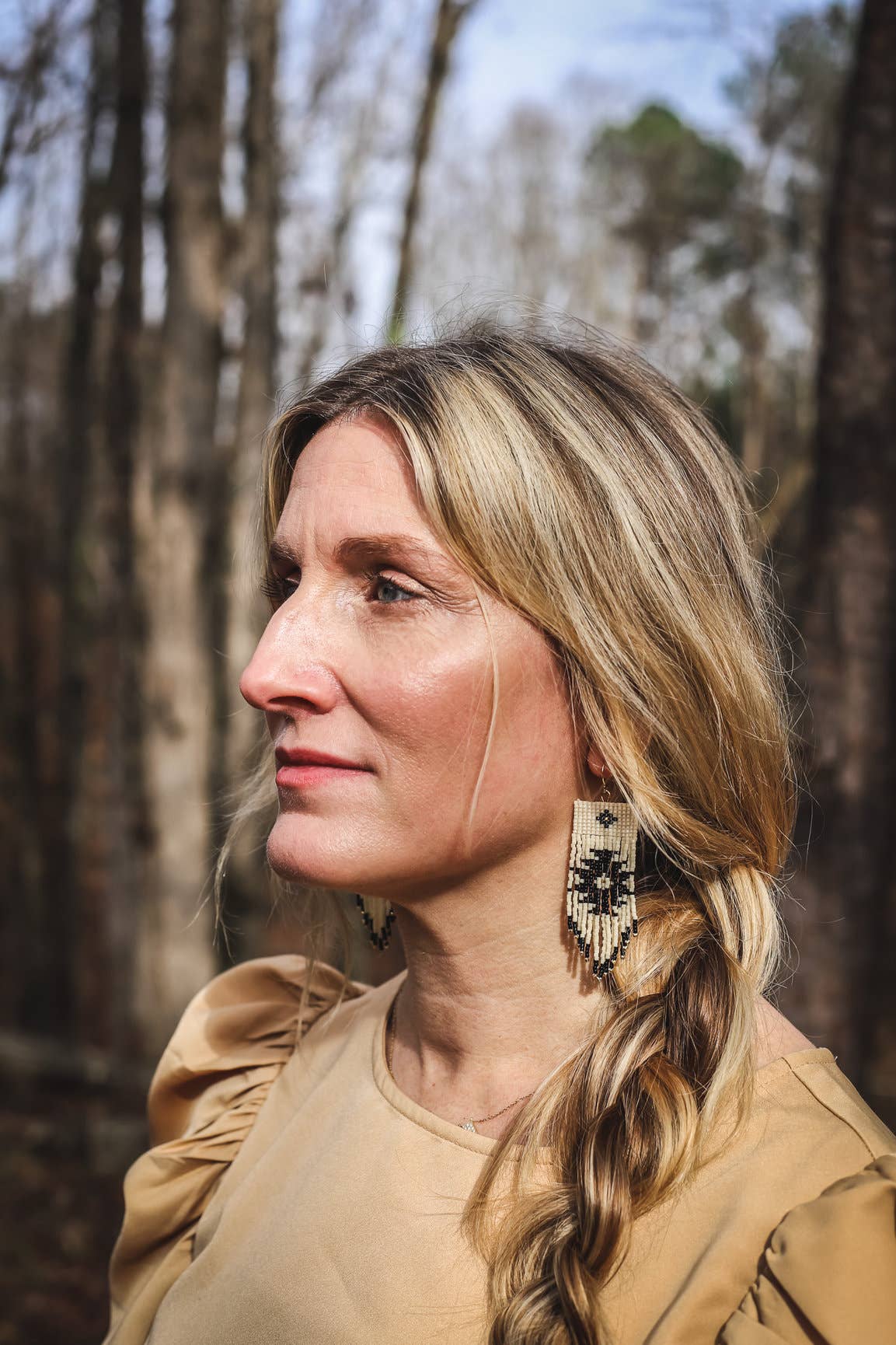 Beaded Handwoven Tribal Fringe Earrings (Cream/Black)